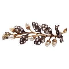 Victorian Oak Branch diamond and pearl Brooch, silver and gold 18k