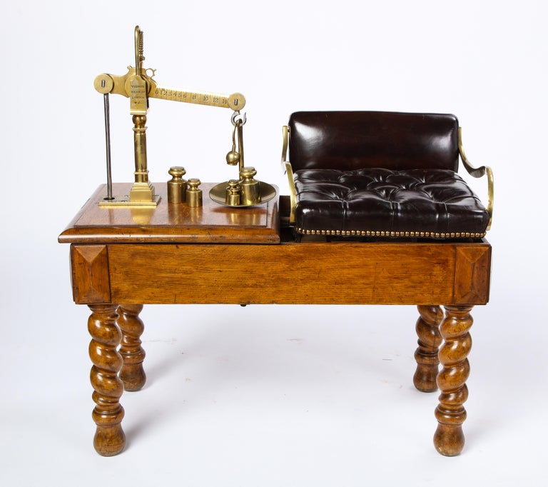 Victorian Oak, Brass and LeatherUpholstered Jockey Scale, Late 19th