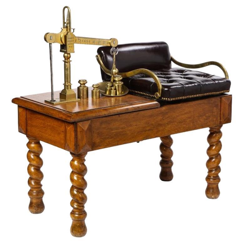 Victorian Oak, Brass and Leather-Upholstered Jockey Scale, Late 19th Century