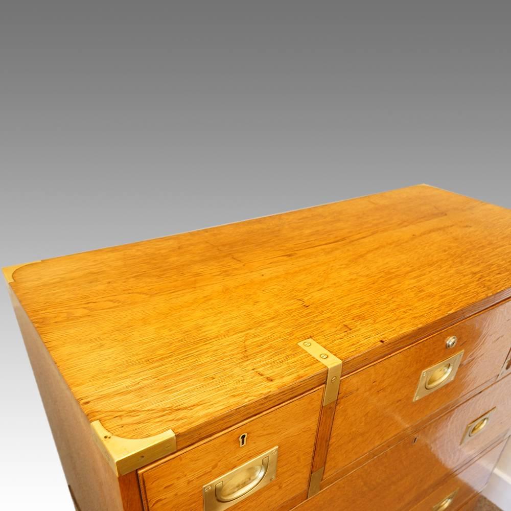 Victorian oak brass bound military chest
This Victorian oak brass bound military chest, is brass bound and has part inset plate handles.
A British officer would have commissioned this military chest to take on campaign. It was made in two parts
