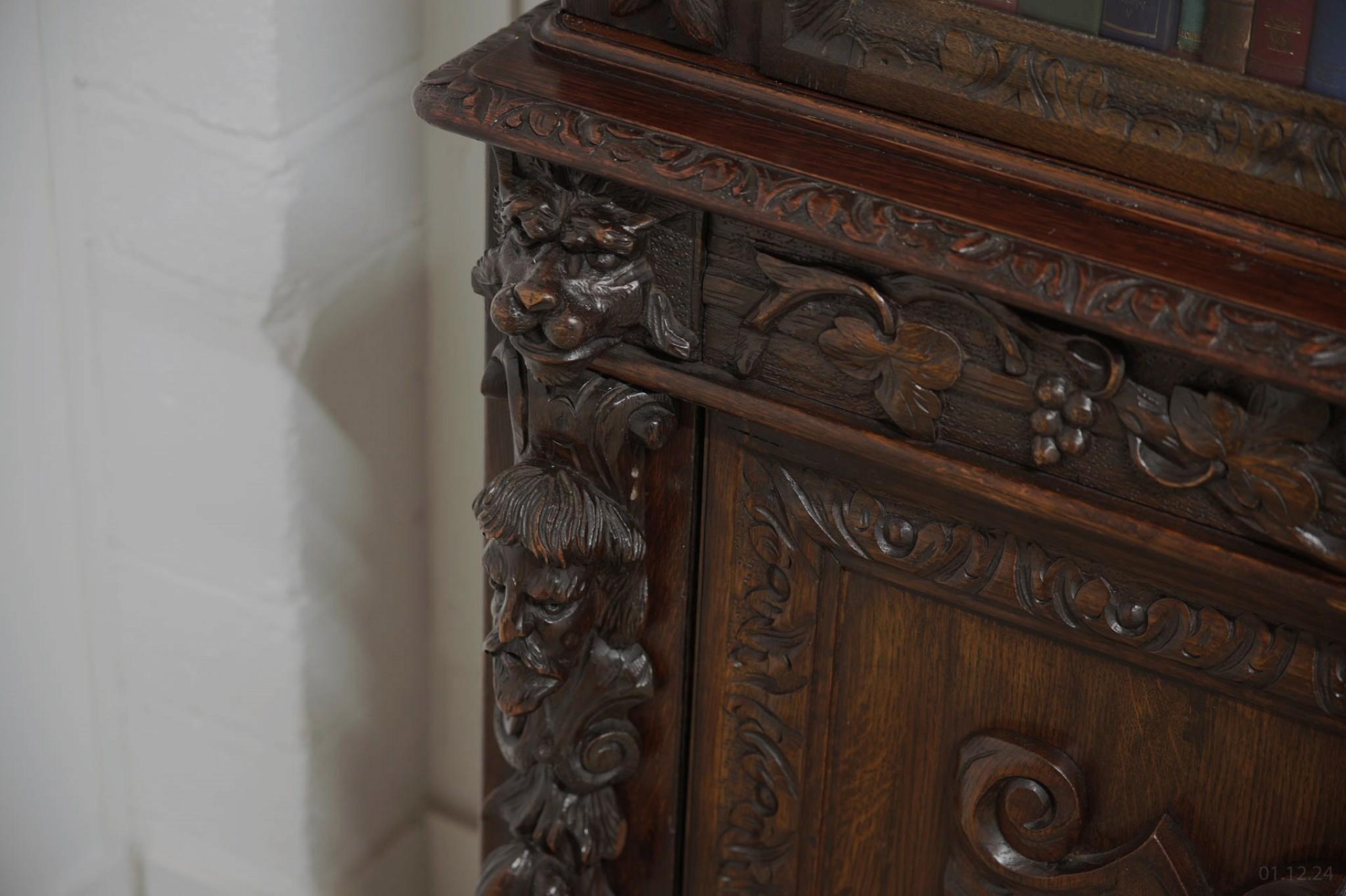 Victorian Oak Breakfront Bookcase Carved Miskin Manor 1870 Library For Sale 9