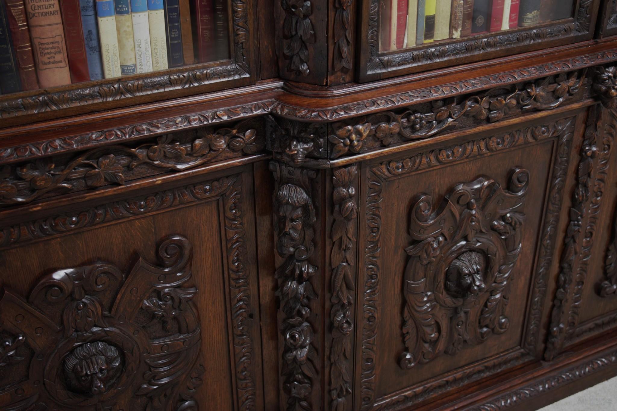 Victorian Oak Breakfront Bookcase Carved Miskin Manor 1870 Library For Sale 10