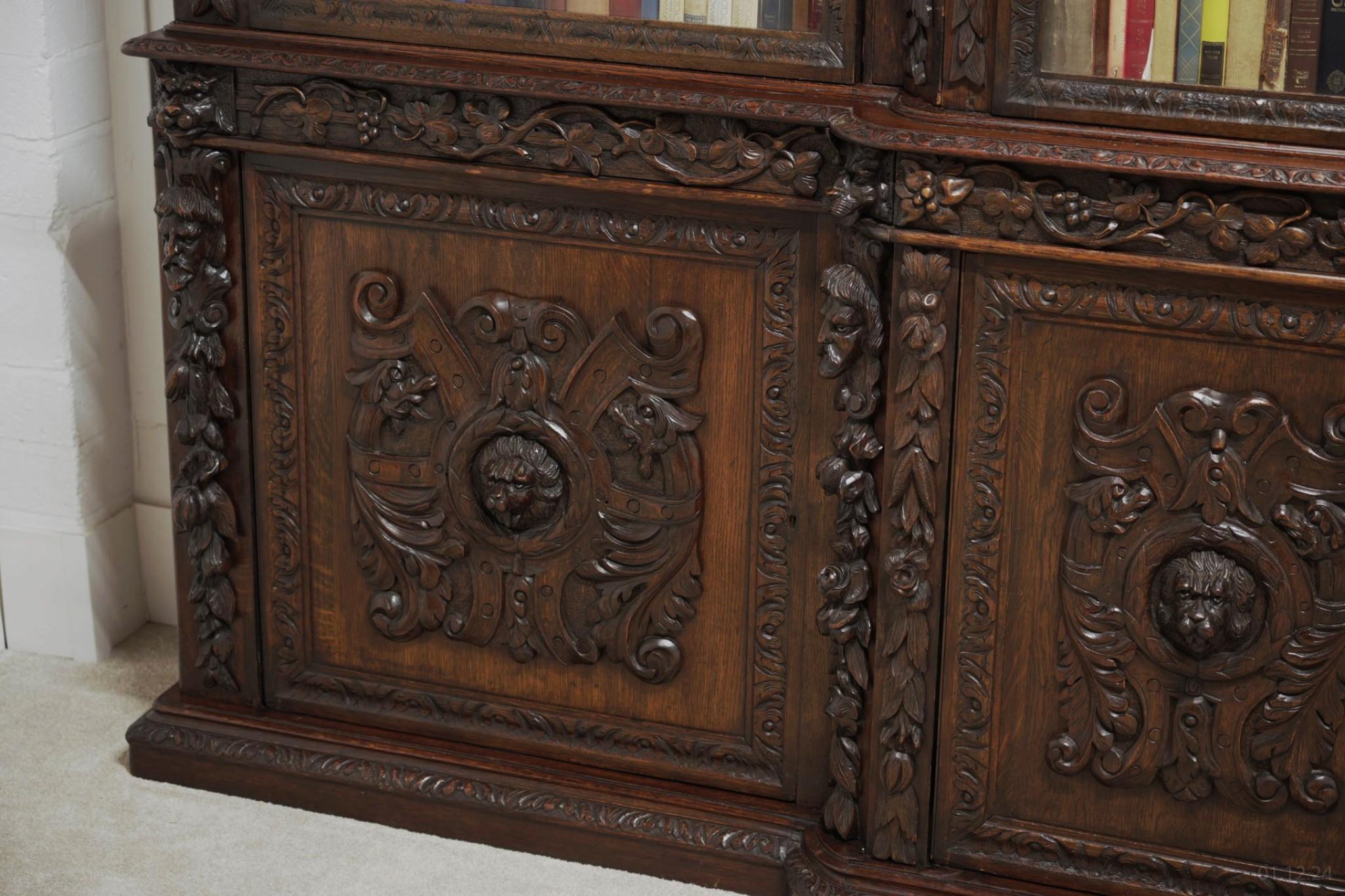 Victorian Oak Breakfront Bookcase Carved Miskin Manor 1870 Library For Sale 11