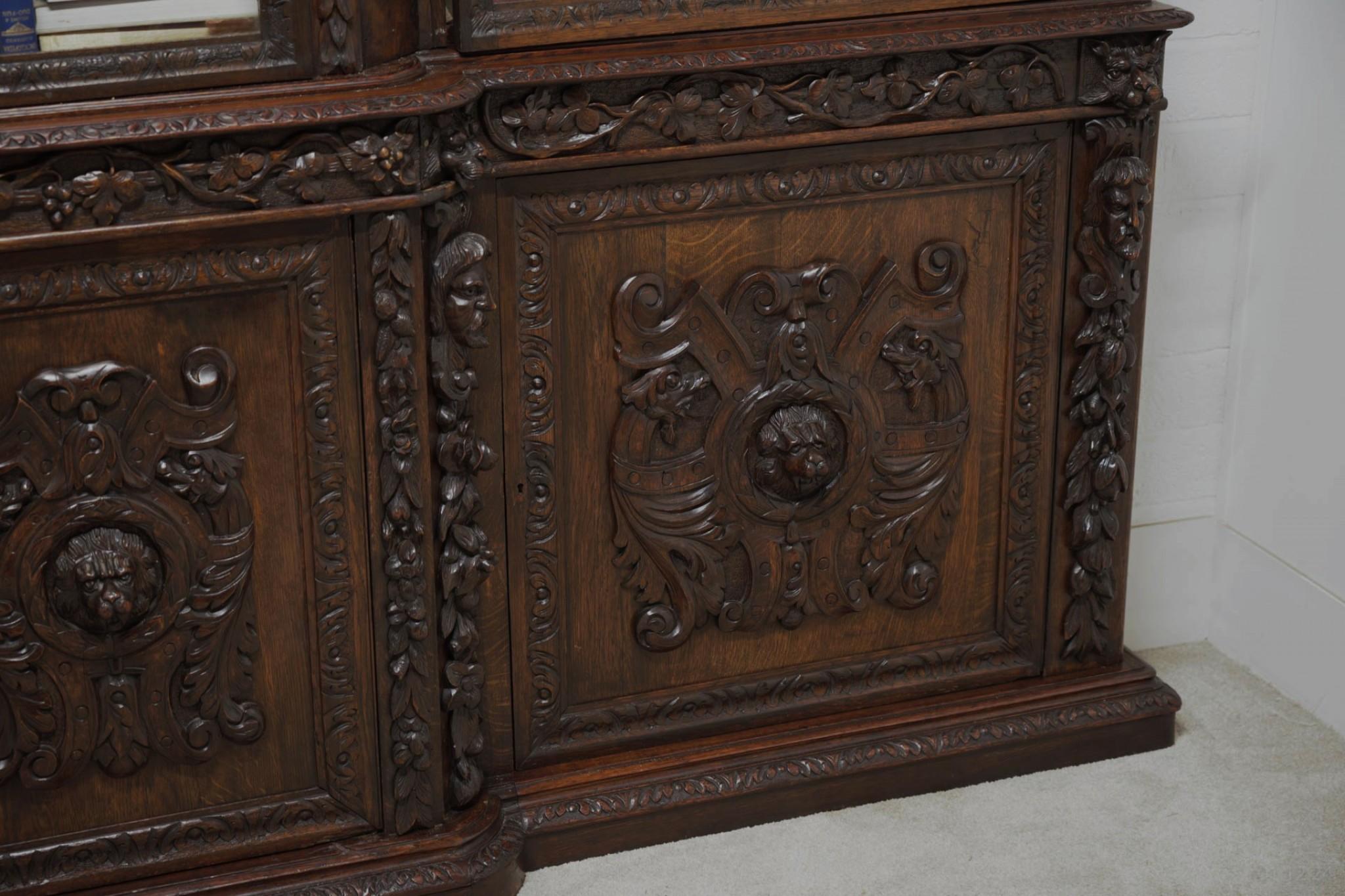 Victorian Oak Breakfront Bookcase Carved Miskin Manor 1870 Library For Sale 12