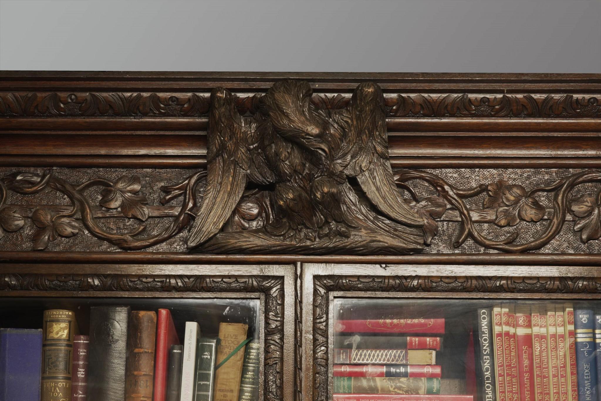 Victorian Oak Breakfront Bookcase Carved Miskin Manor 1870 Library For Sale 15