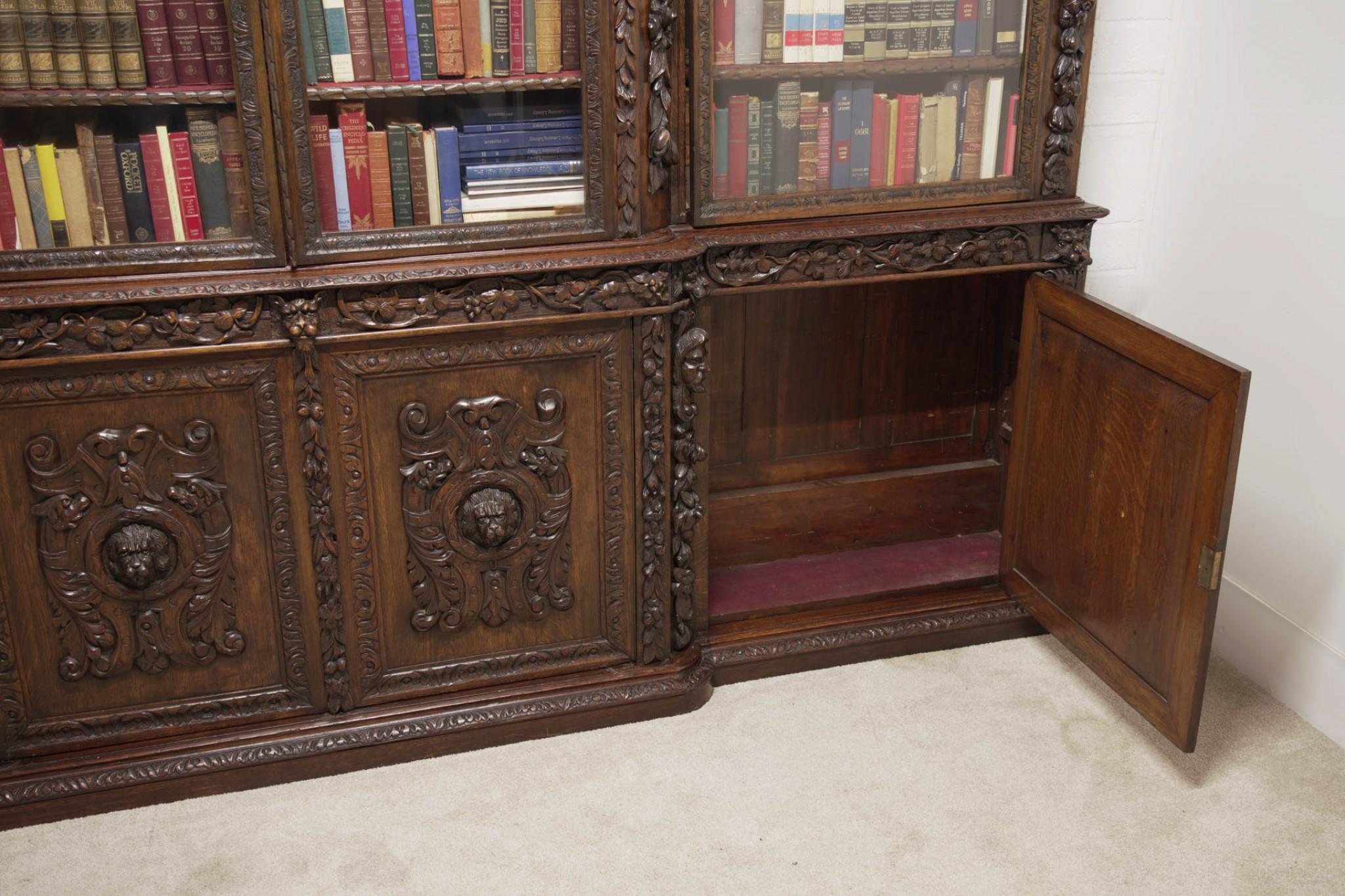 Victorian Oak Breakfront Bookcase Carved Miskin Manor 1870 Library For Sale 16