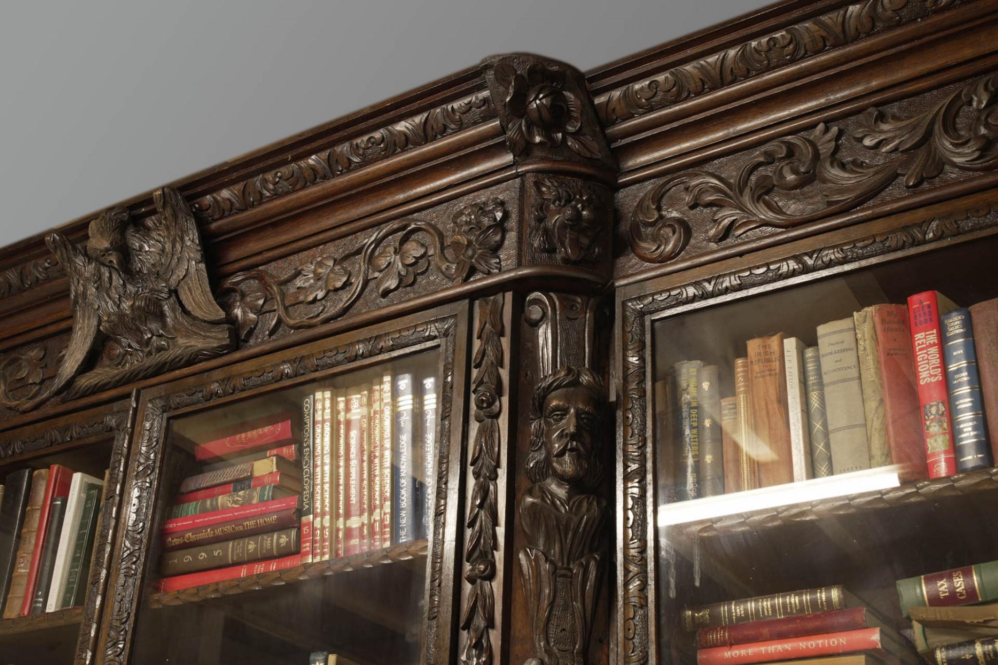 Victorian Oak Breakfront Bookcase Carved Miskin Manor 1870 Library For Sale 1