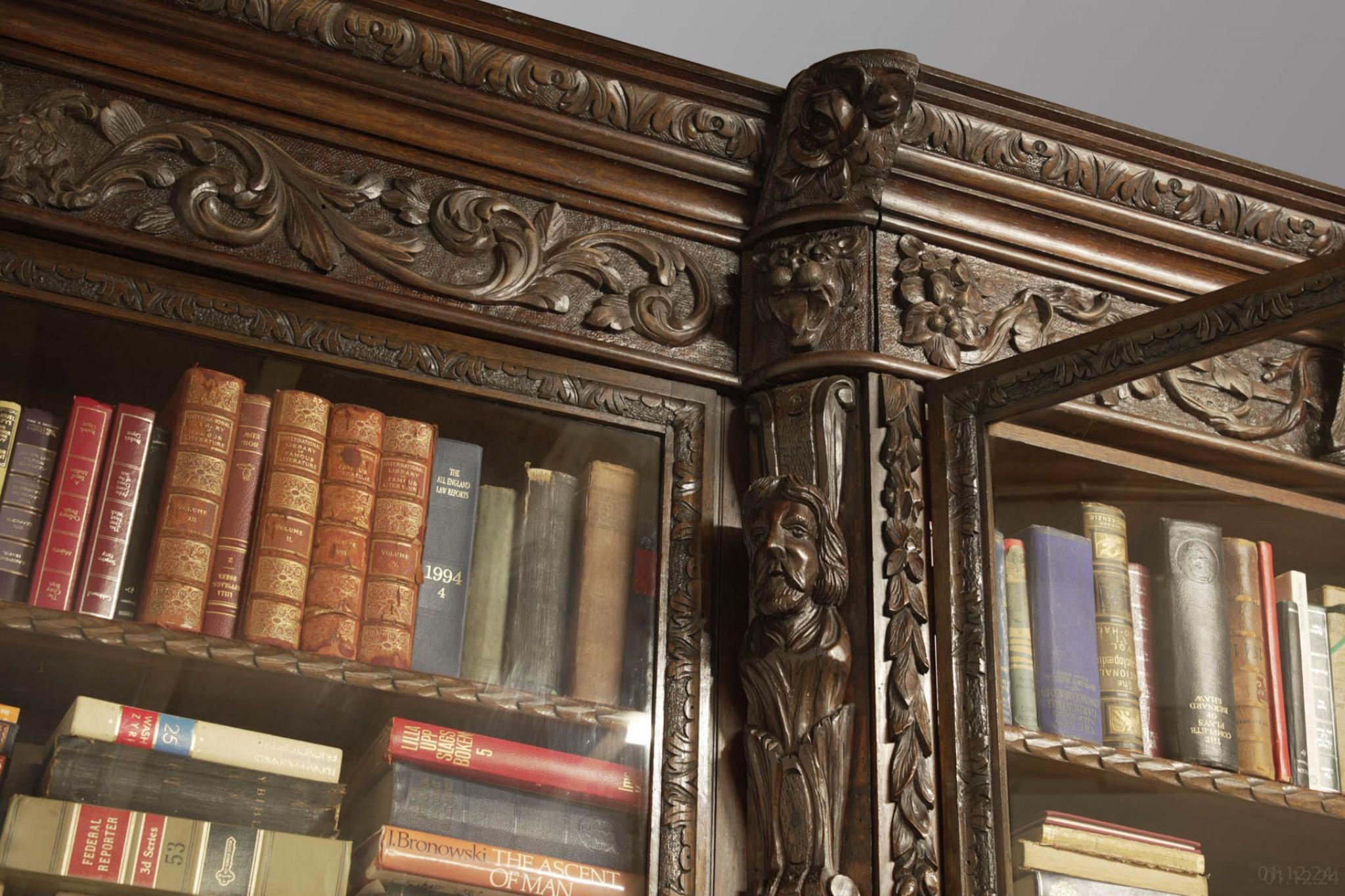 Victorian Oak Breakfront Bookcase Carved Miskin Manor 1870 Library For Sale 2