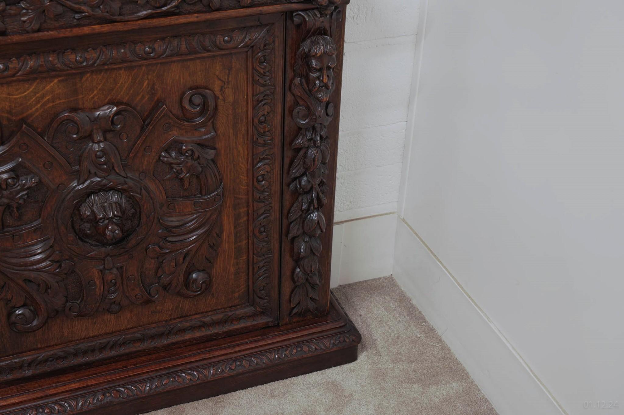 Victorian Oak Breakfront Bookcase Carved Miskin Manor 1870 Library For Sale 4