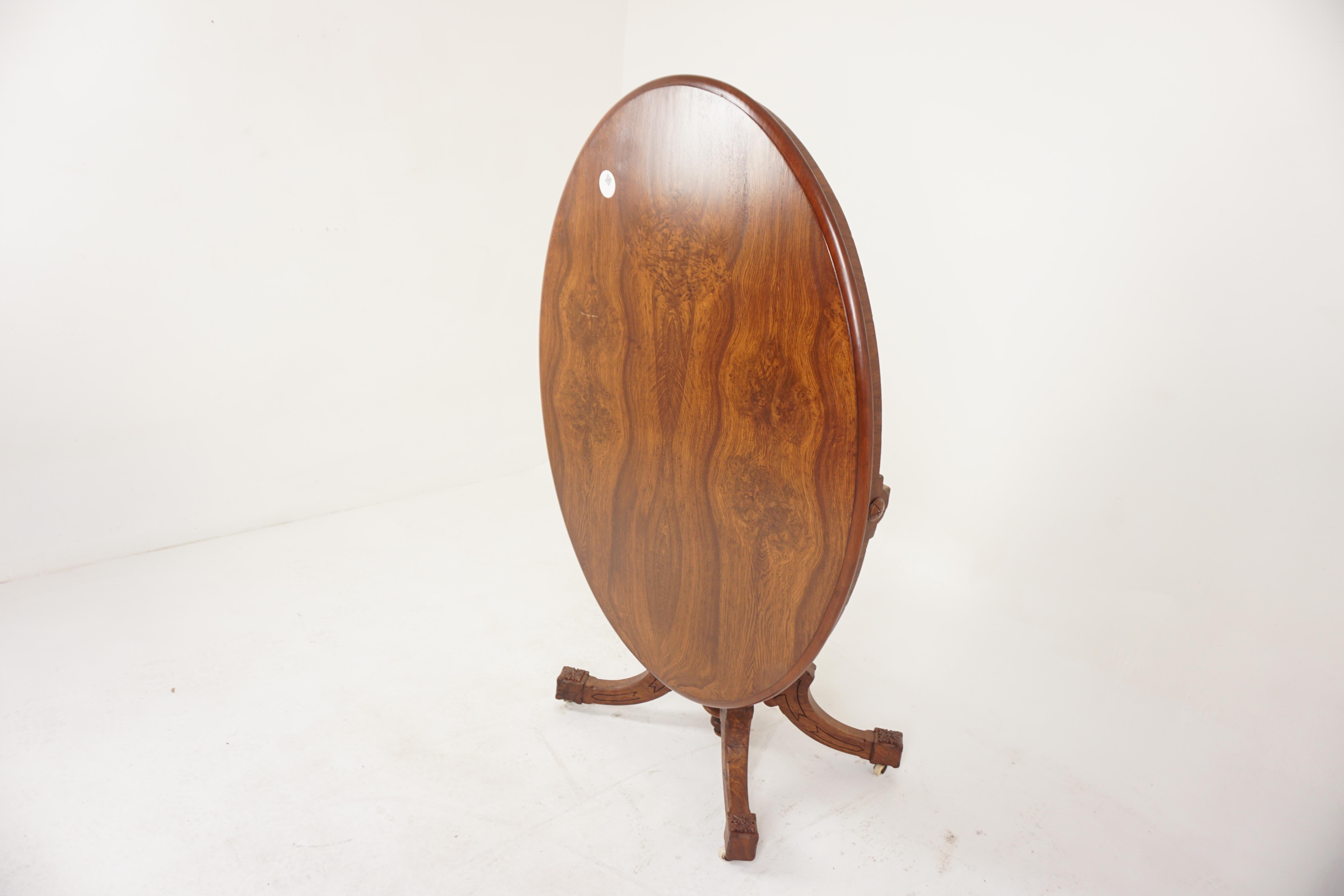 Victorian Oak/Burr Walnut Oval Breakfast/Loo Tilt Top Table, Scotland 1880 H699 In Good Condition In Vancouver, BC