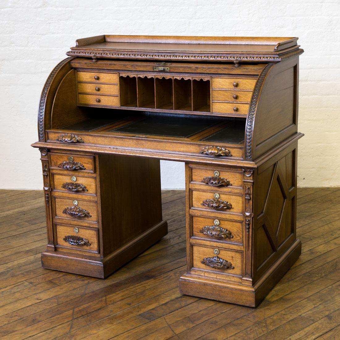 English Victorian Oak Cylinder Desk