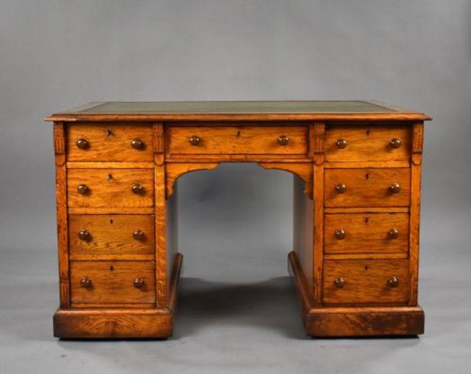 Victorian Oak Desk with Leather Inset Top
Item Code: S26-725
A handsome Victorian oak desk of generous proportions, offering both practicality and timeless charm. Crafted from solid oak with a warm golden patina, this well-constructed piece features
