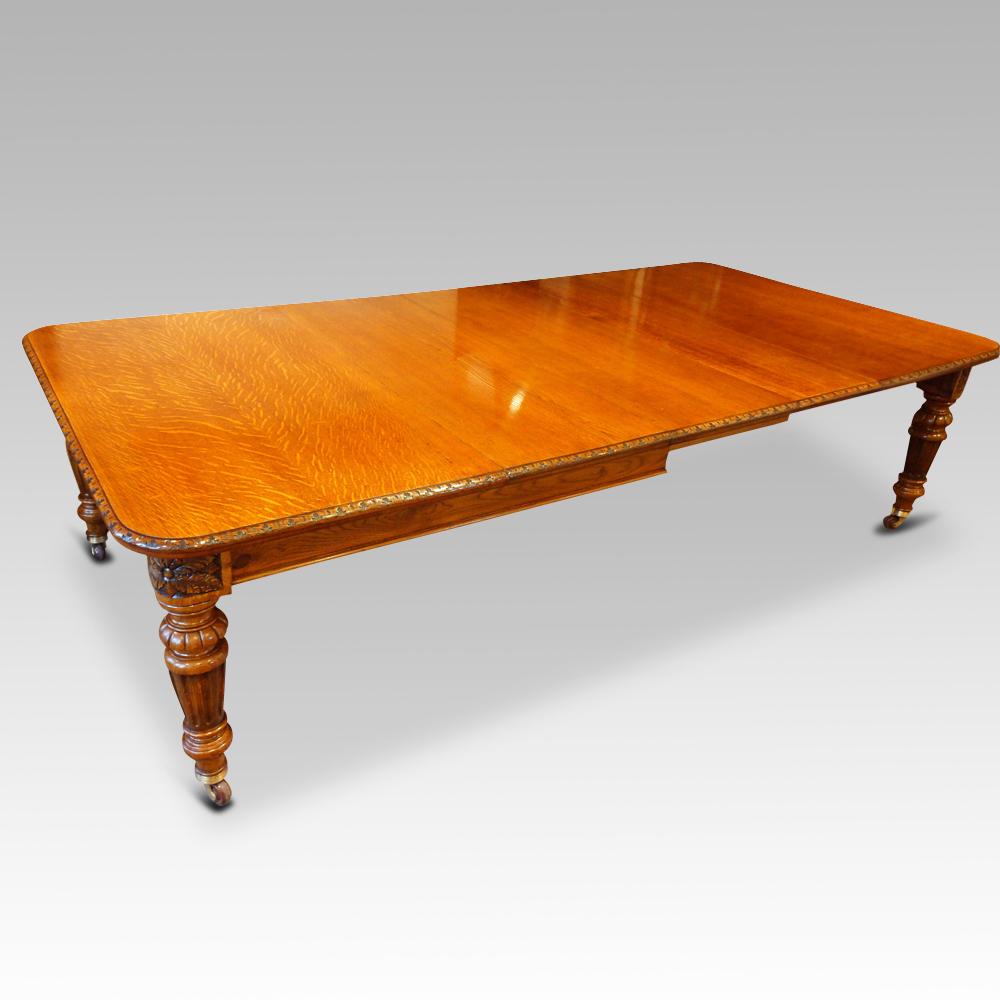 Victorian oak extending dining table
This Victorian oak extending dining table was made circa 1875 in one of the best workshops working in this period.
This table extends to take 3 leaves and can be used with any combination of leaves, to enable