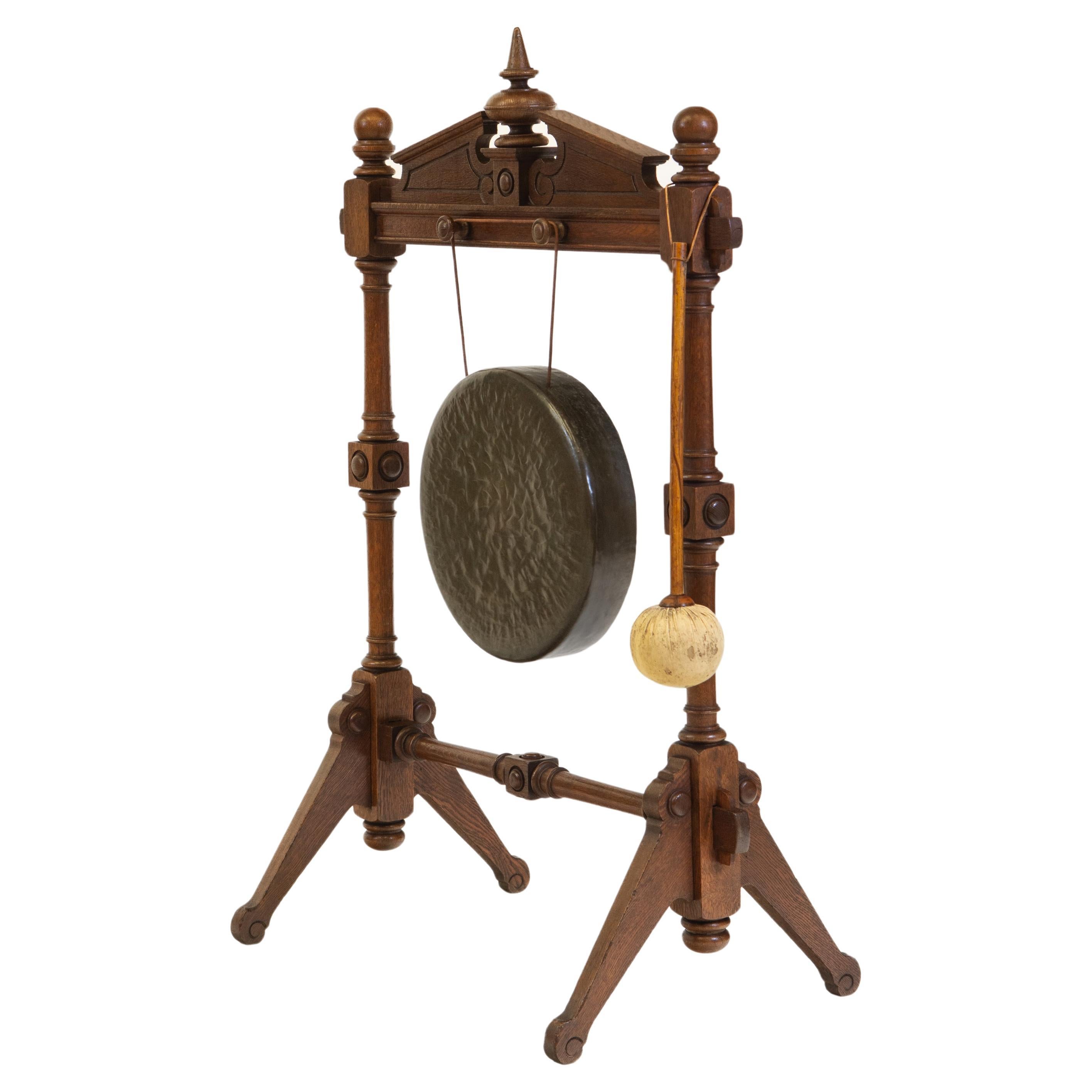 Victorian Oak Floor Standing Dinner Gong & Striker 1870