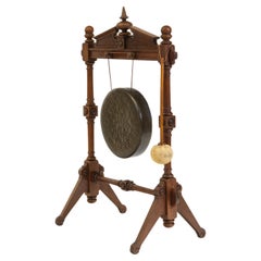 Antique Victorian Oak Floor Standing Dinner Gong & Striker 1870