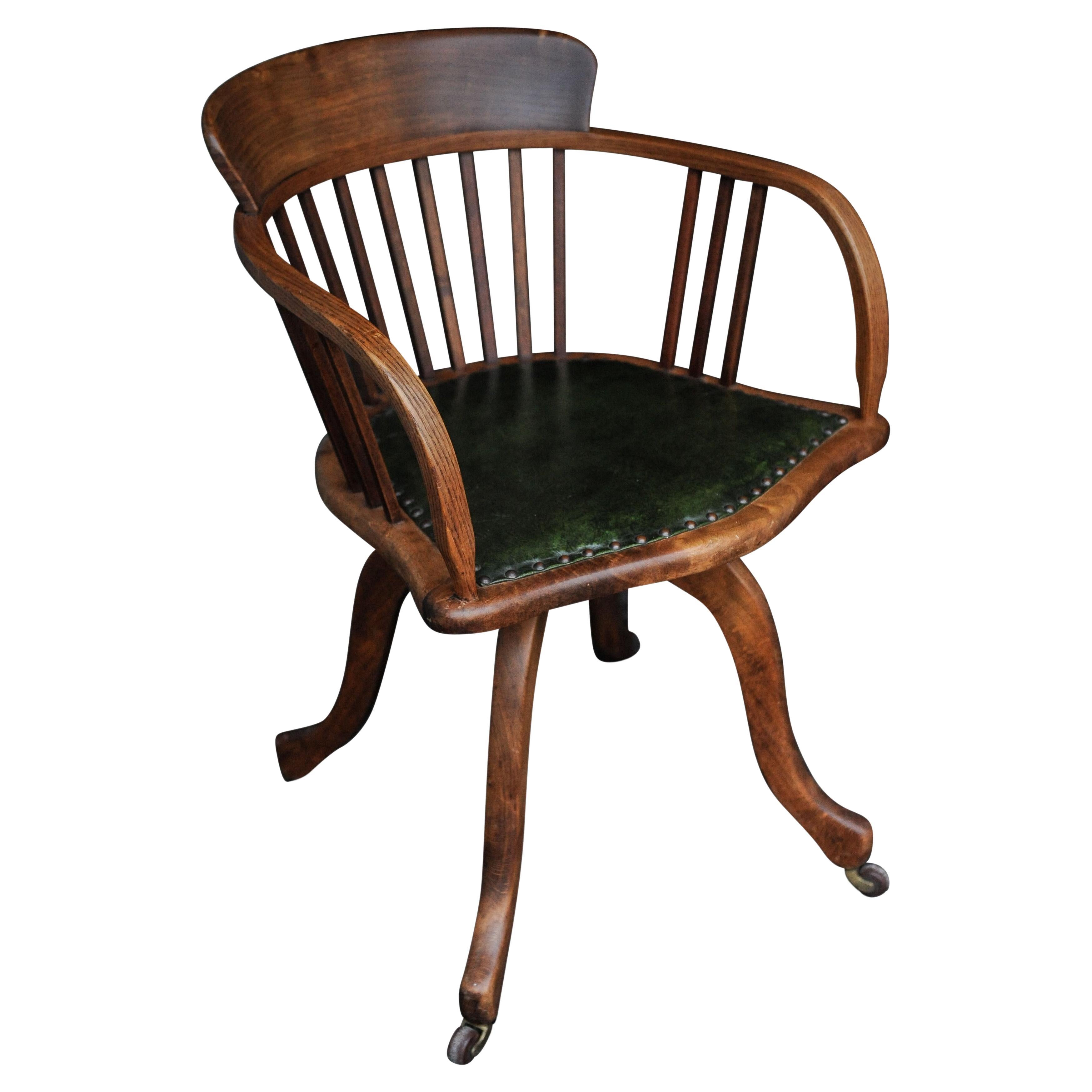 Victorian Oak Green Leather Rail Back Revolving Desk Chair With Stud Detailing