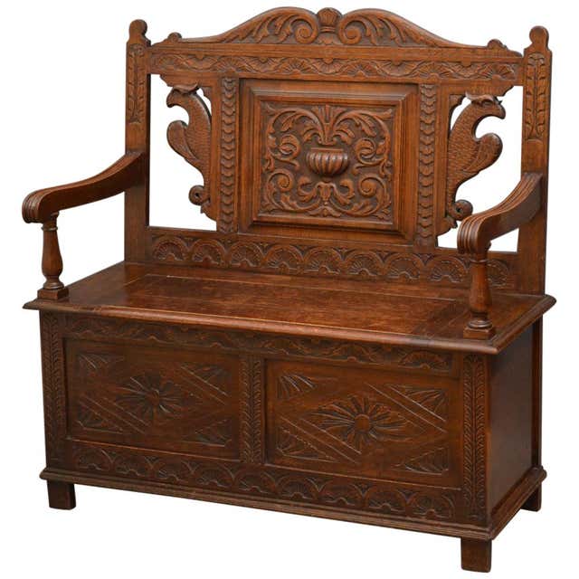 Antique Oak Settle Bench Heavily Carved 19th Century Victorian, circa ...