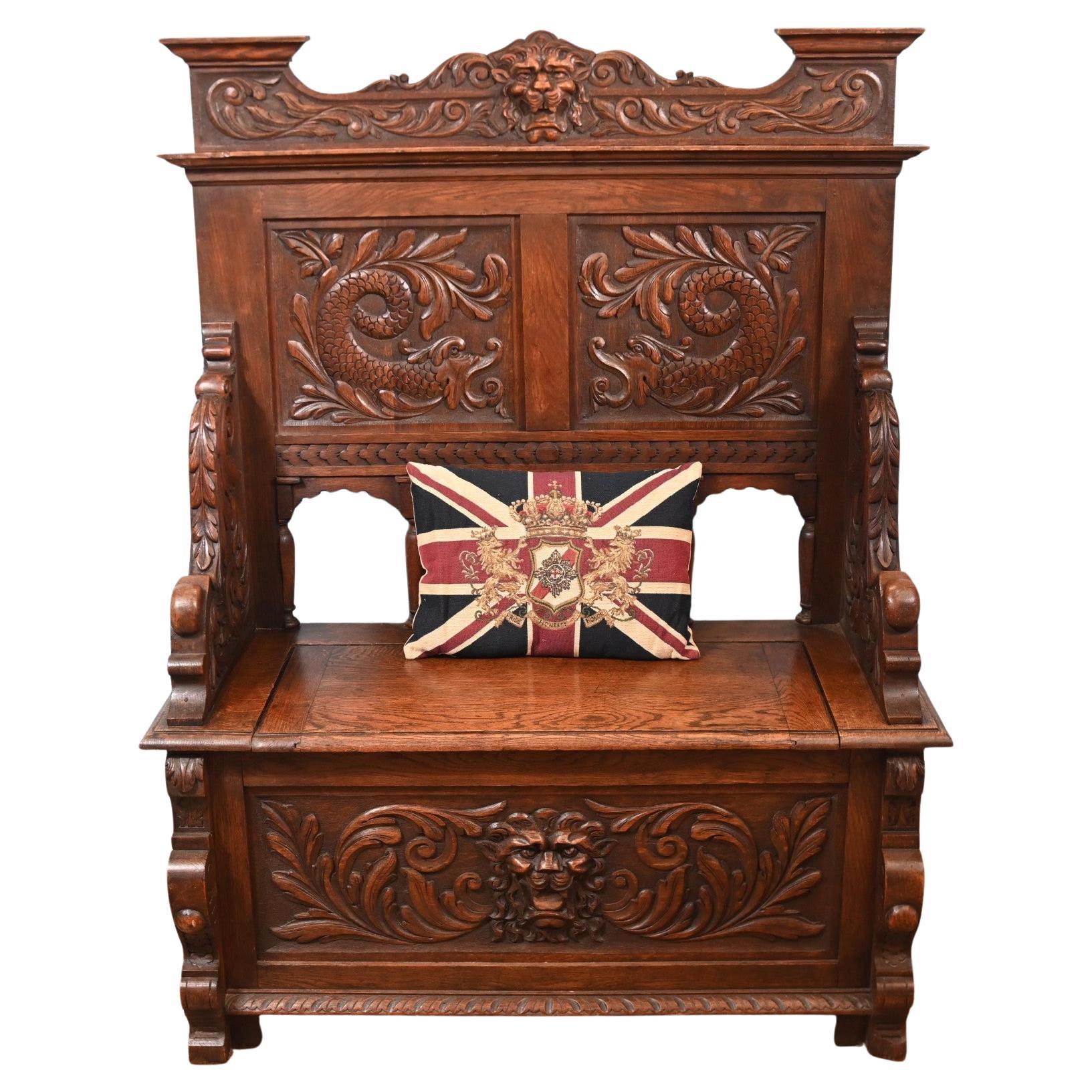 Victorian Oak Hall Bench Carved Settle