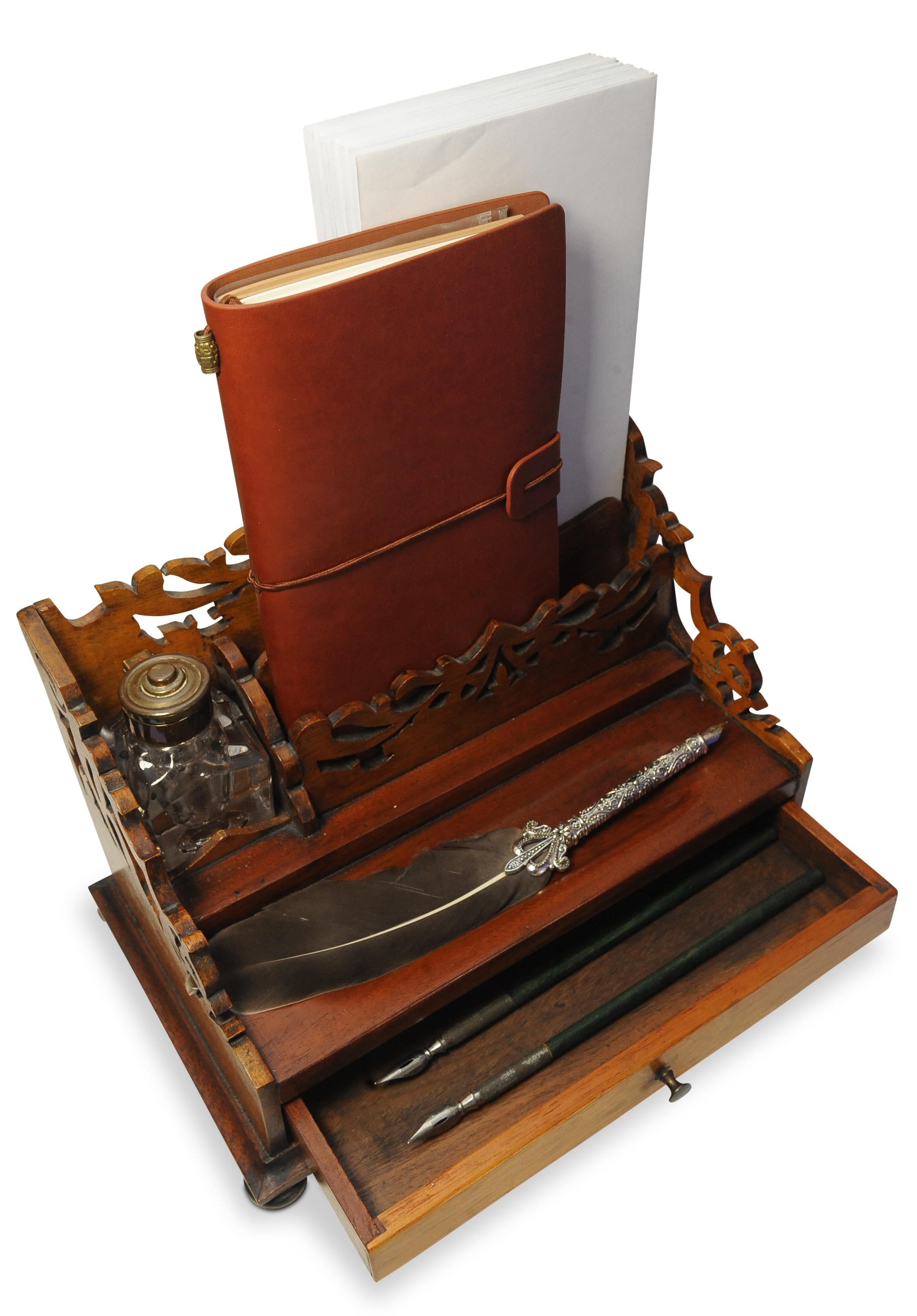 British Victorian Oak Hand Crafted Letter Rack With Intricately Cut Art Nouveau Motifs For Sale