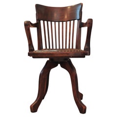 Victorian English Oak & Leather Rail Back Revolving Desk Chair Stud Detailing