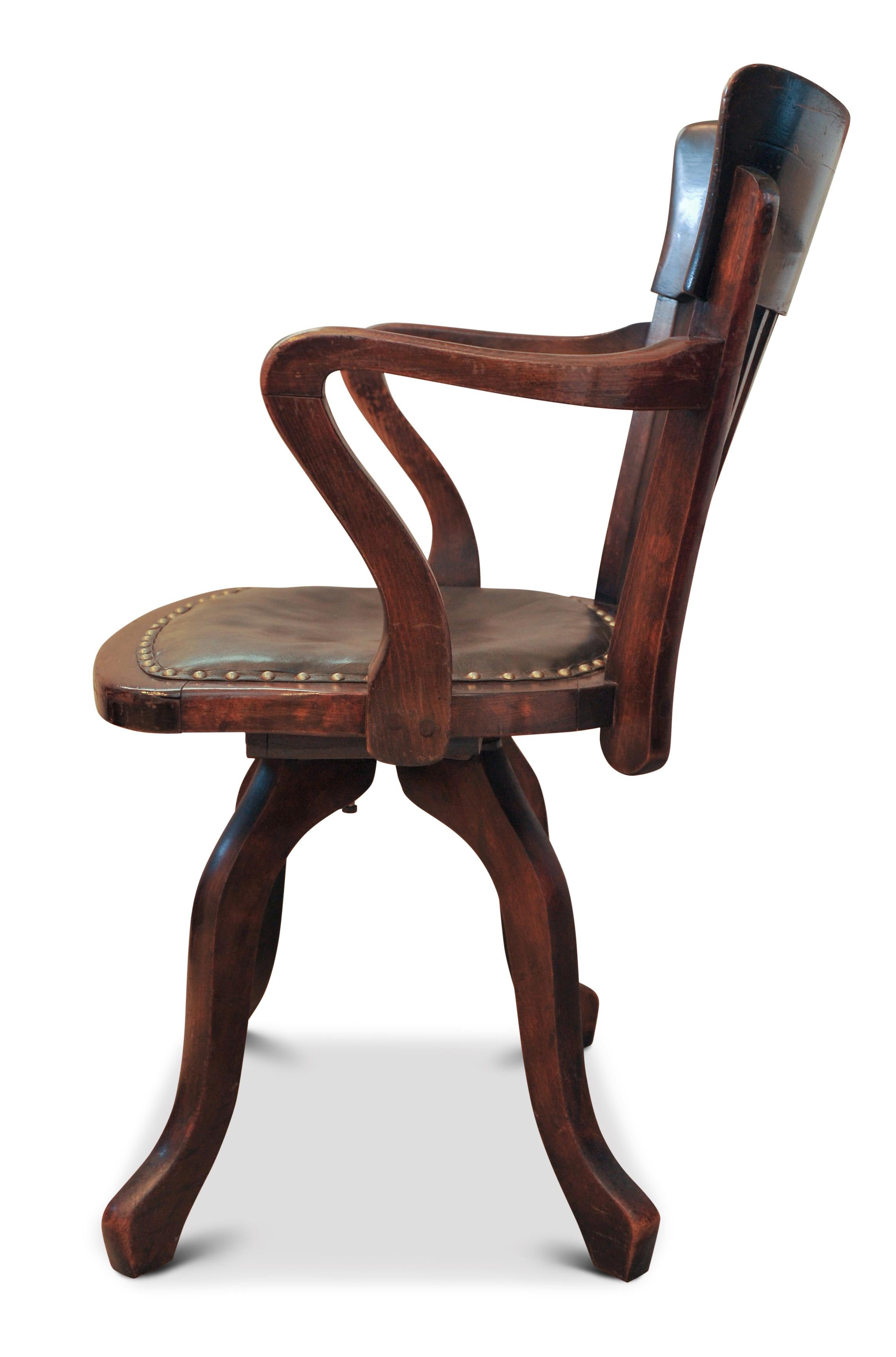 British Victorian Oak & Leather Rail Back Revolving Desk Chair With Stud Detailing  For Sale