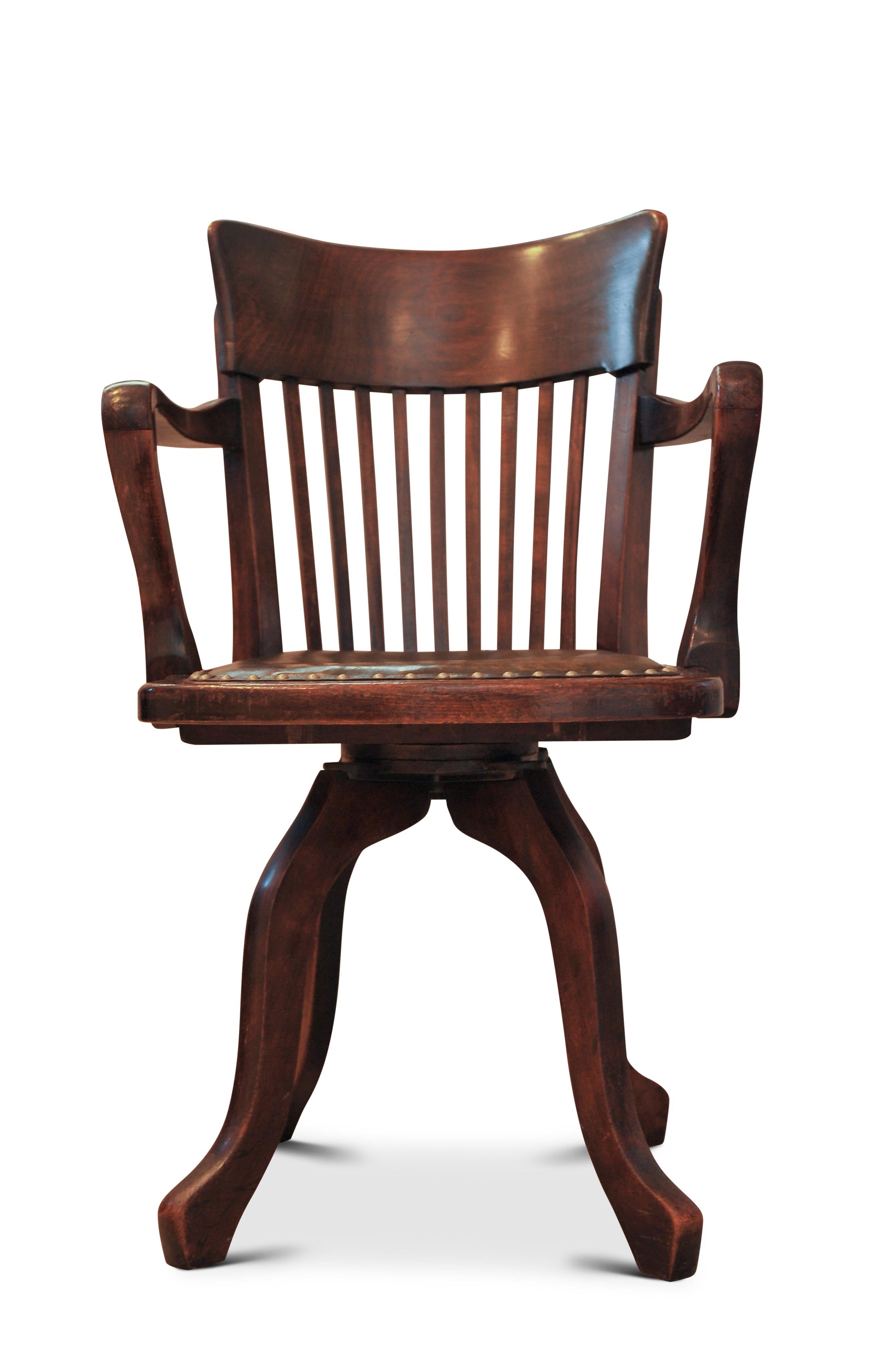Victorian Oak & Leather Rail Back Revolving Desk Chair With Stud Detailing  In Good Condition For Sale In High Wycombe, GB