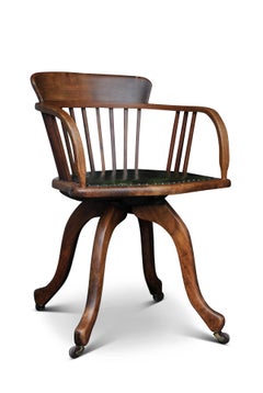 Victorian Oak Green Leather Rail Back Revolving Desk Chair With Stud Detailing