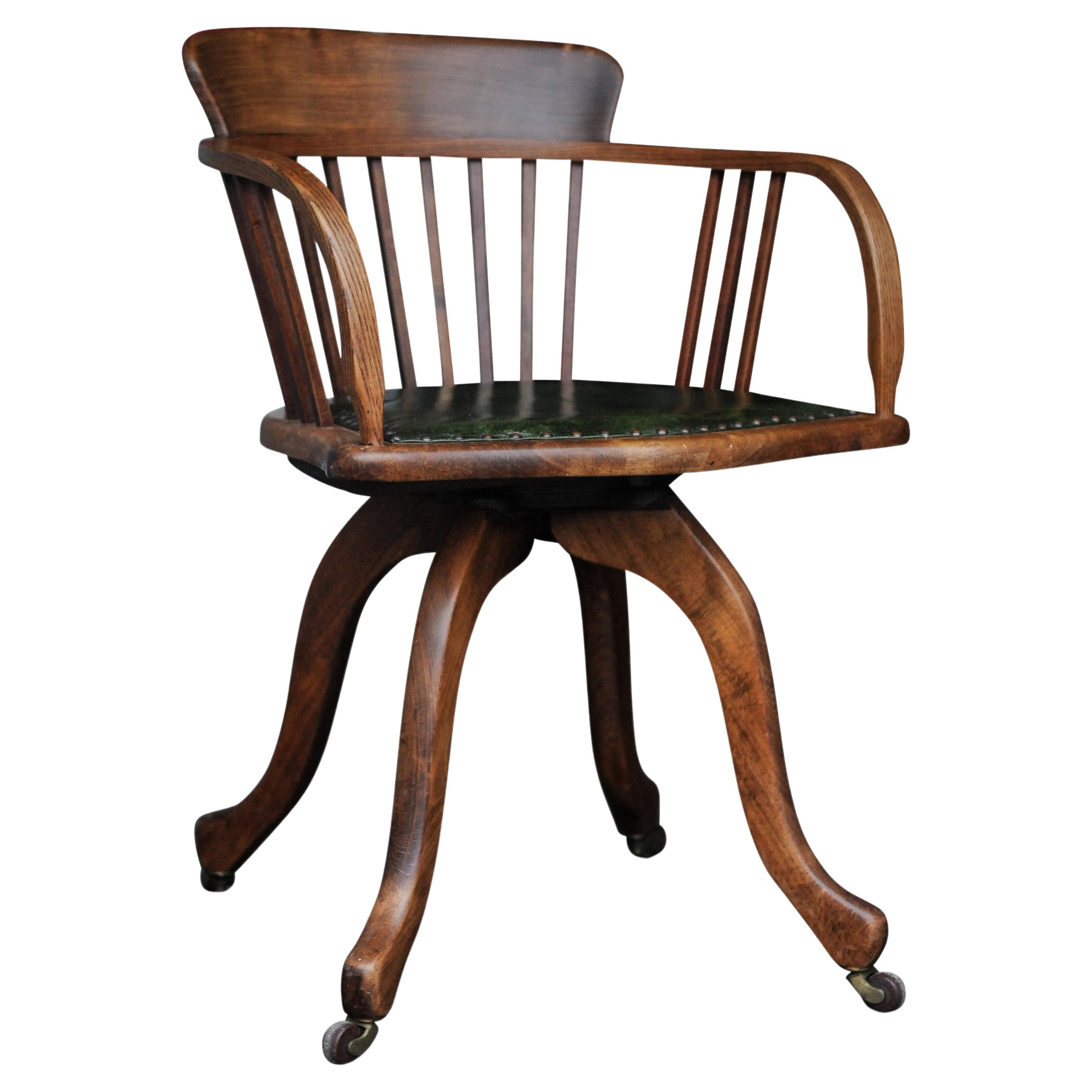 Late Victorian Victorian Oak & Leather Rail Back Revolving Desk Chair With Stud Detailing  For Sale