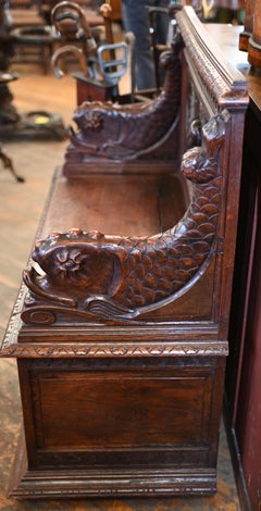 Victorian Oak Monks Bench Settle Carved Serpent Arms 1850