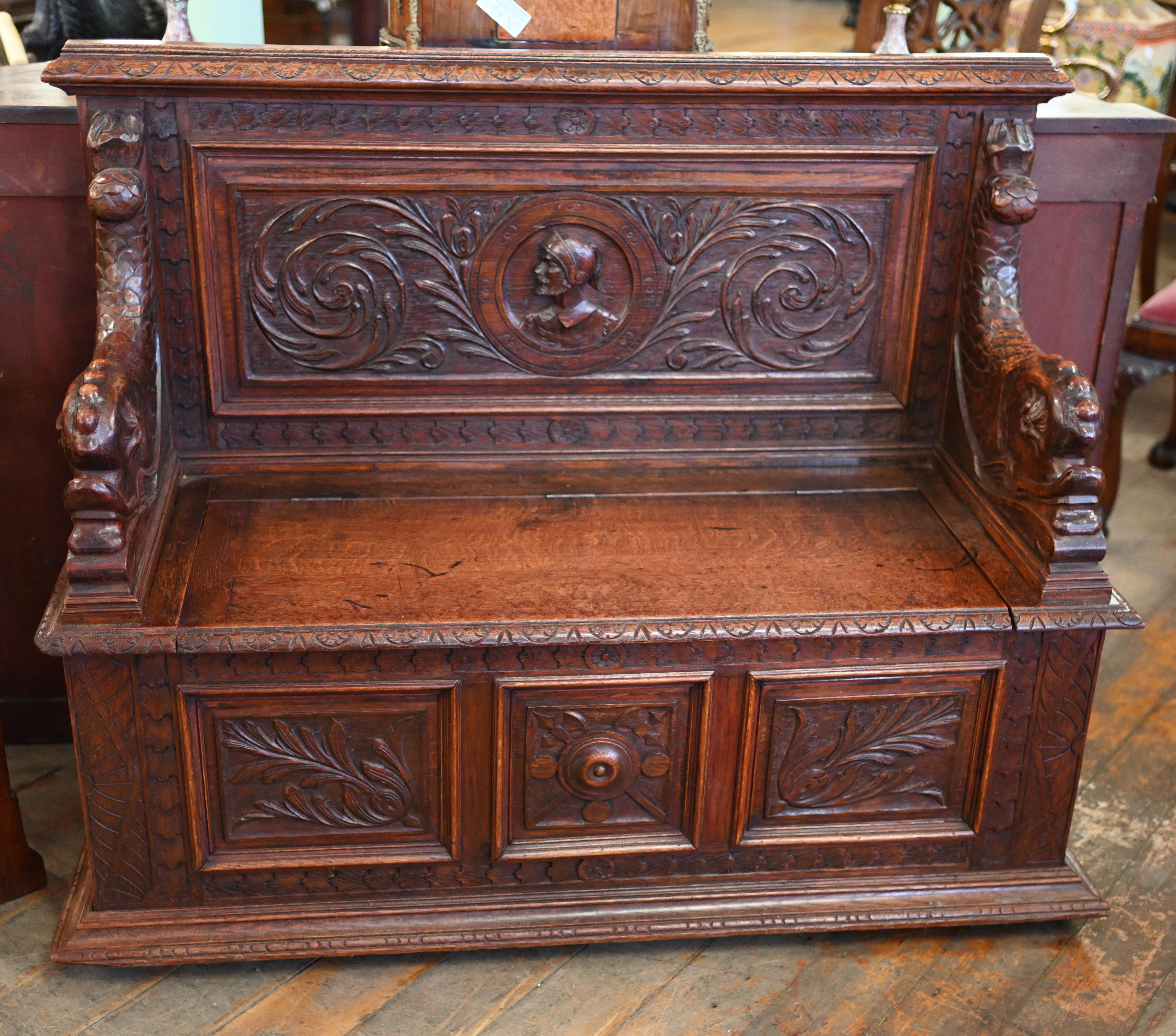 Victorian Oak Monks Bench Settle Carved Serpent Arms 1850 In Good Condition For Sale In Potters Bar, GB