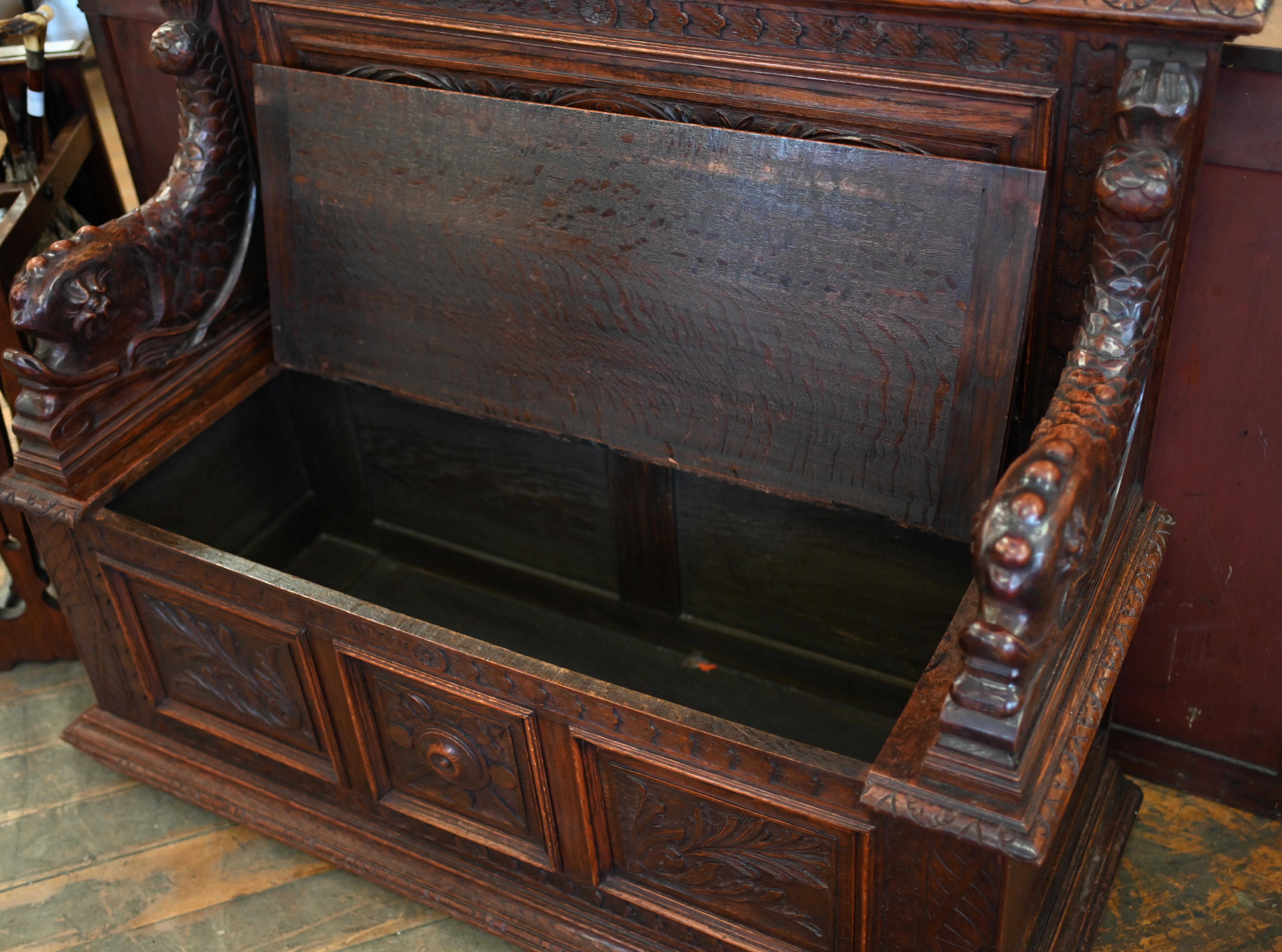 Victorian Oak Monks Bench Settle Carved Serpent Arms 1850 For Sale 2