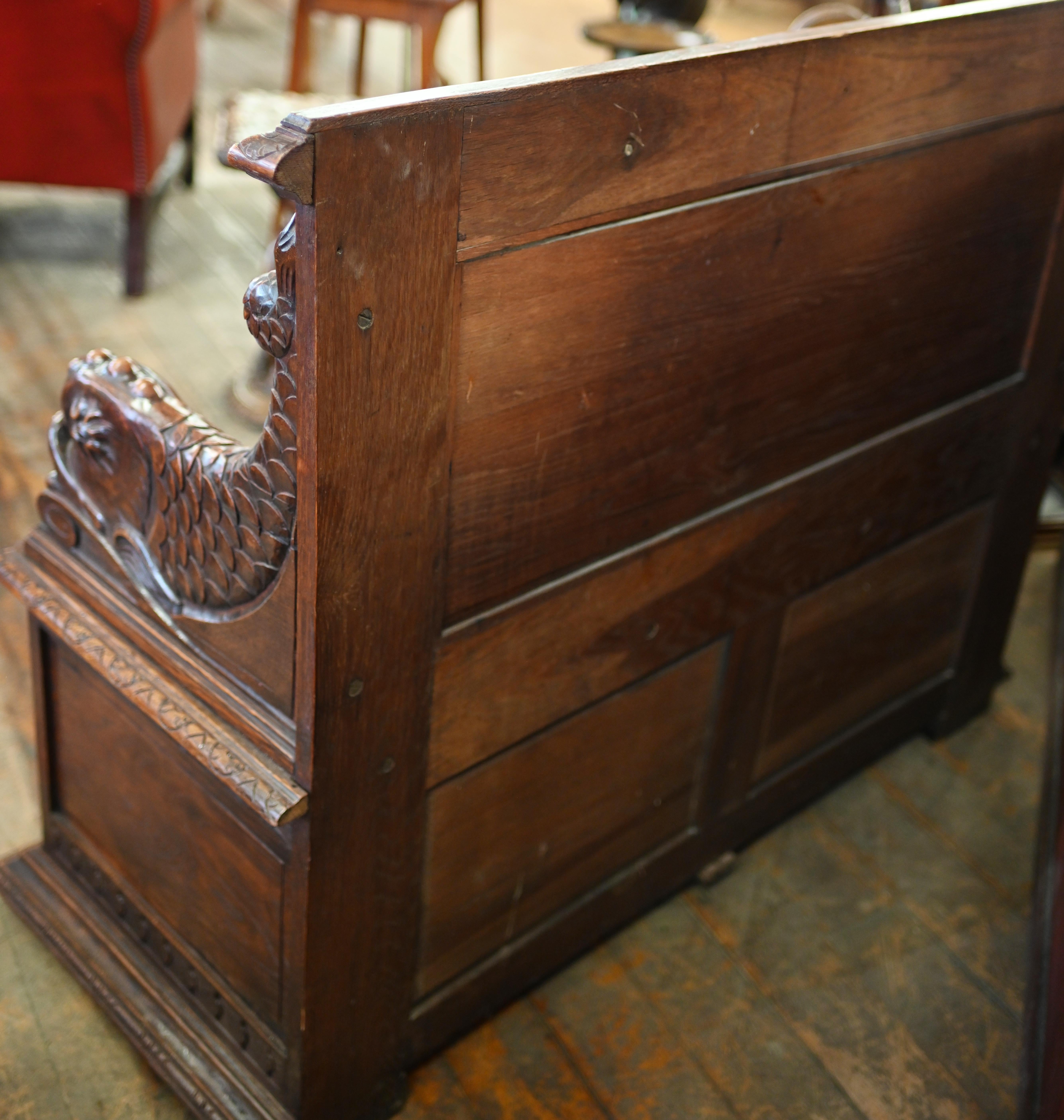 Victorian Oak Monks Bench Settle Carved Serpent Arms 1850 For Sale 3