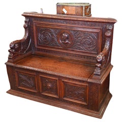 Antique Victorian Oak Monks Bench Settle Carved Serpent Arms 1850