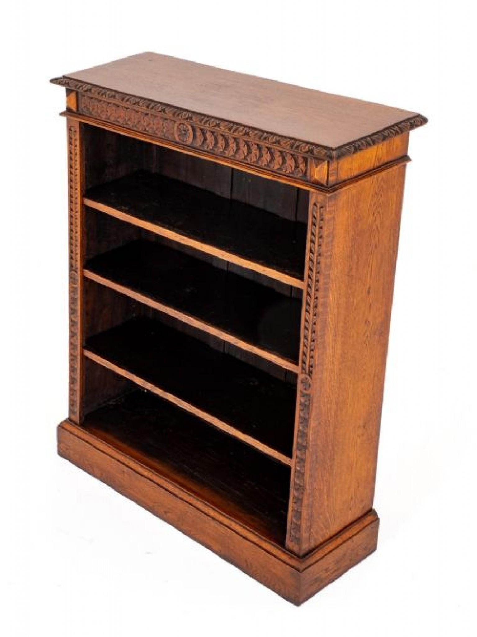 Victorian Oak Open Bookcase Carved 1880 In Good Condition For Sale In Potters Bar, GB