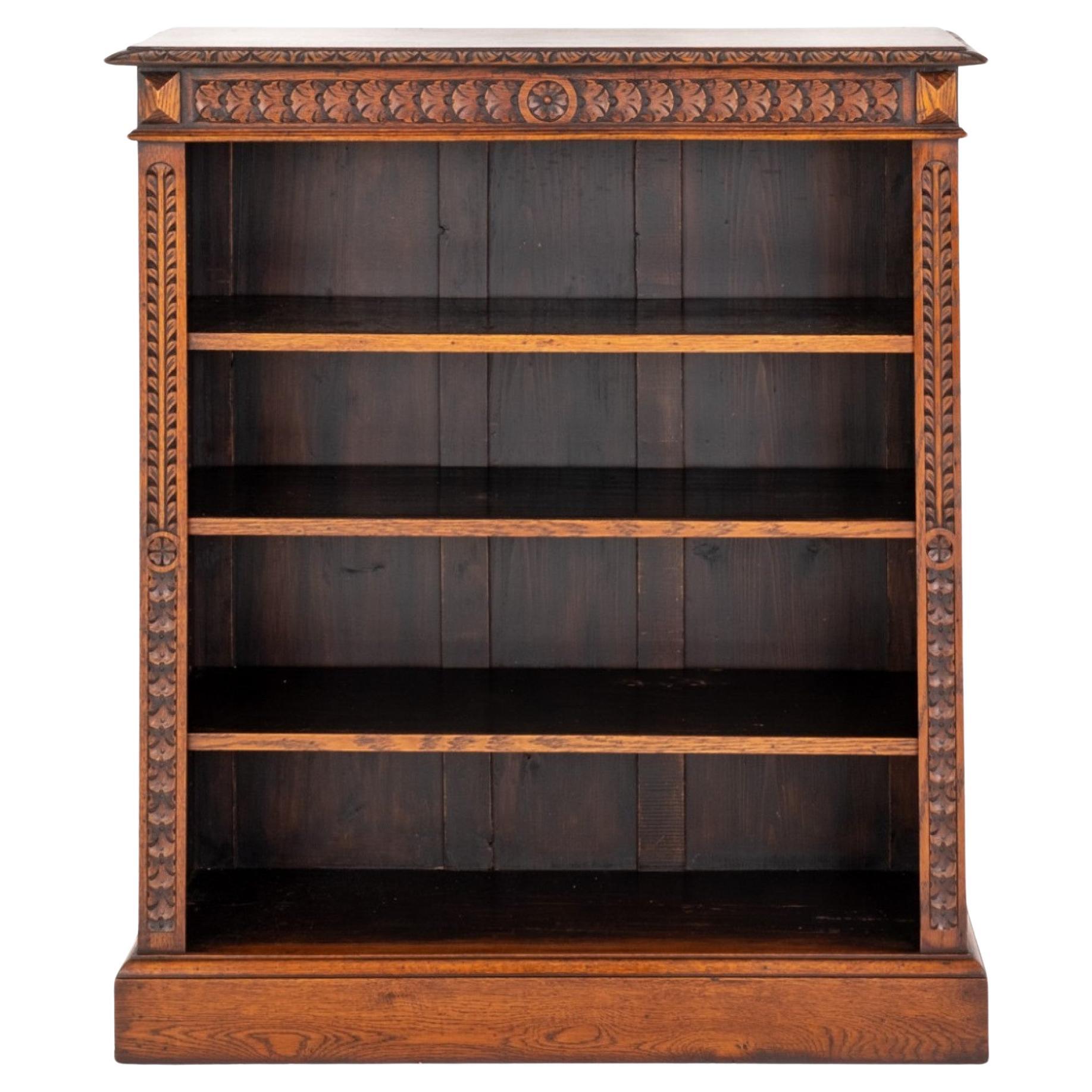 Victorian Oak Open Bookcase Carved 1880 For Sale