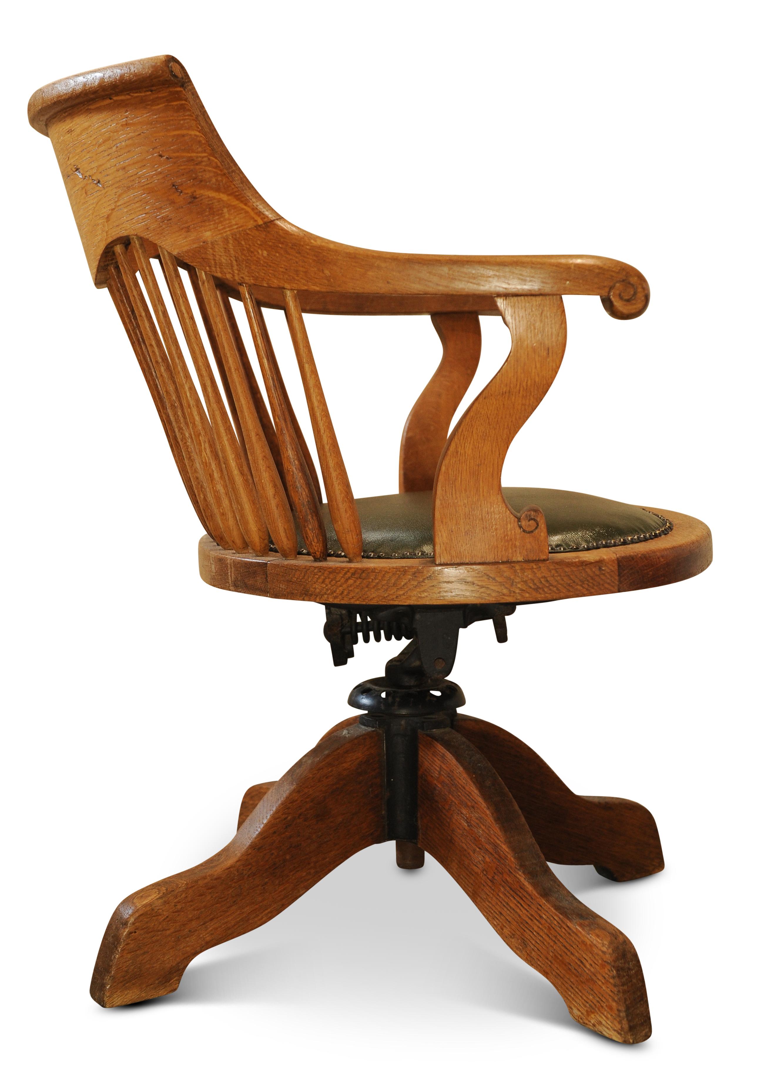 Silla de escritorio con respaldo giratorio de roble victoriano y asiento de cuero verde Racing en venta 3