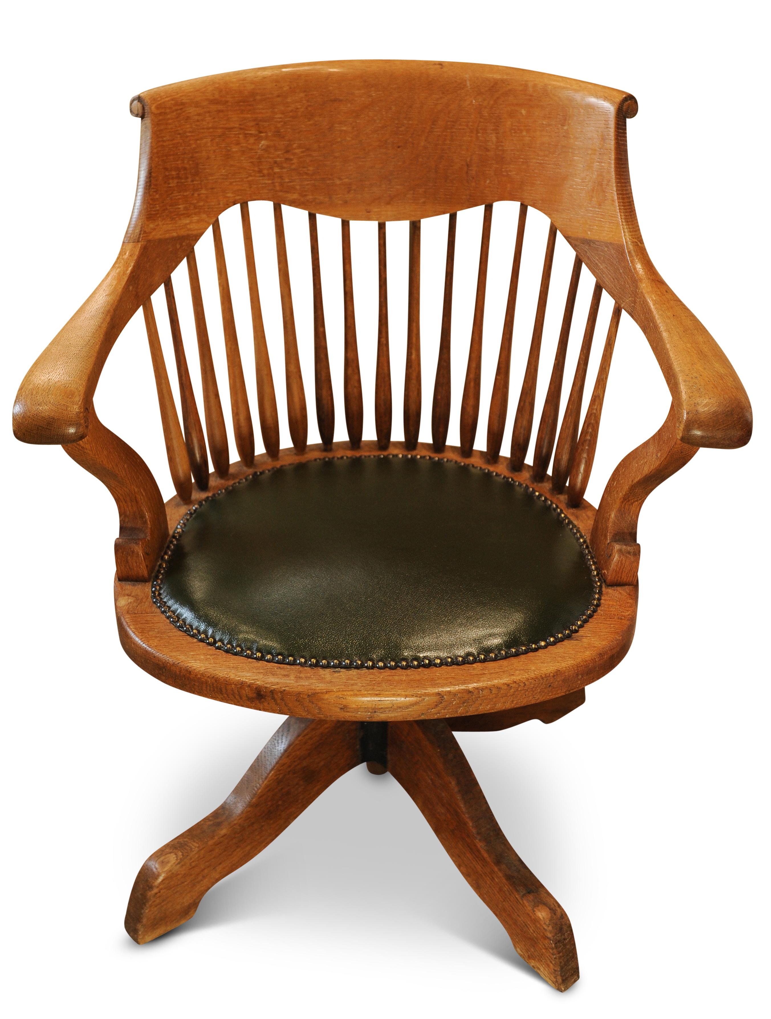Silla de escritorio con respaldo giratorio de roble victoriano y asiento de cuero verde Racing Británico en venta