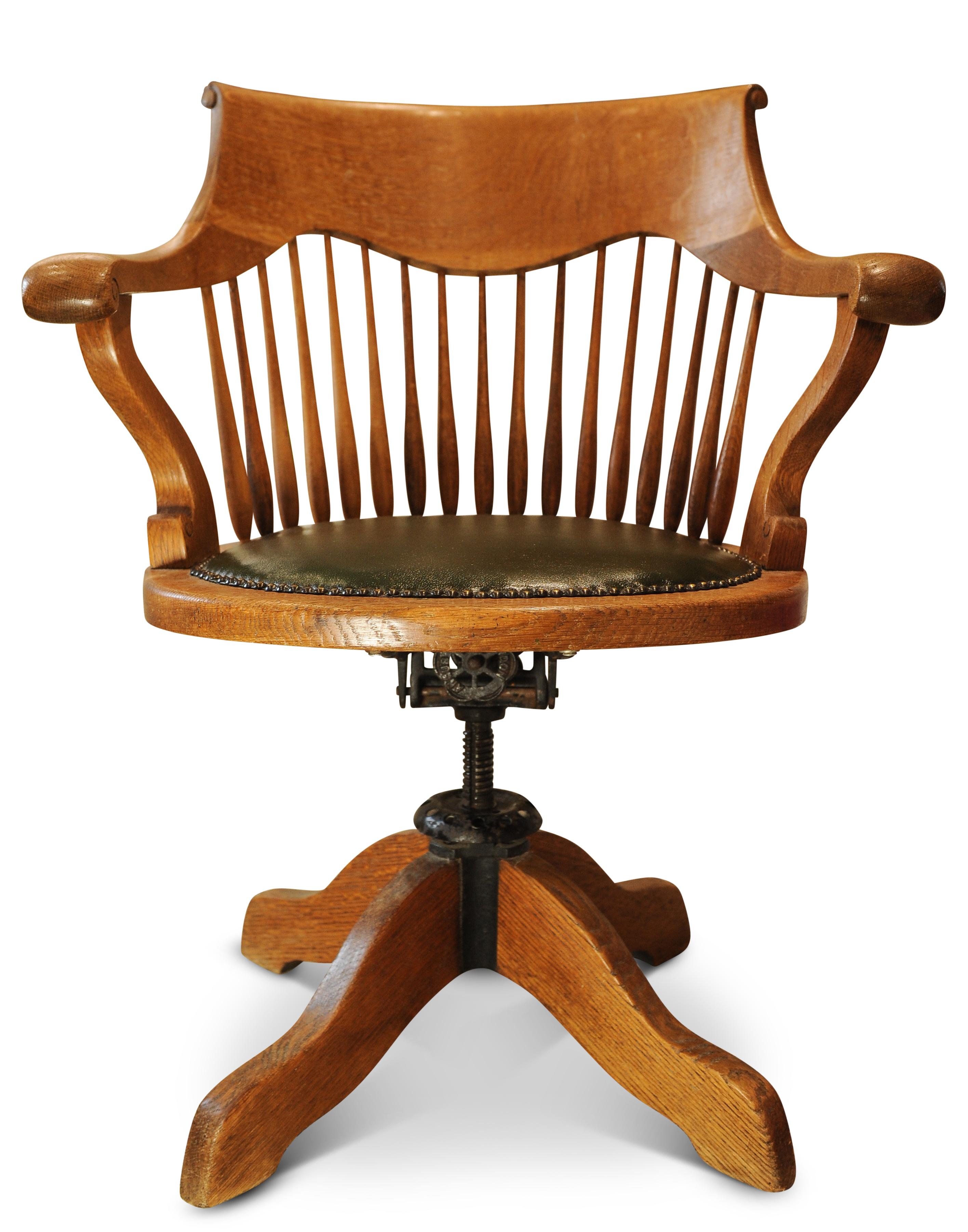 Silla de escritorio con respaldo giratorio de roble victoriano y asiento de cuero verde Racing en venta 1