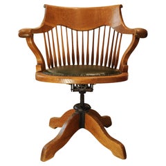 Silla de escritorio con respaldo giratorio de roble victoriano y asiento de cuero verde Racing