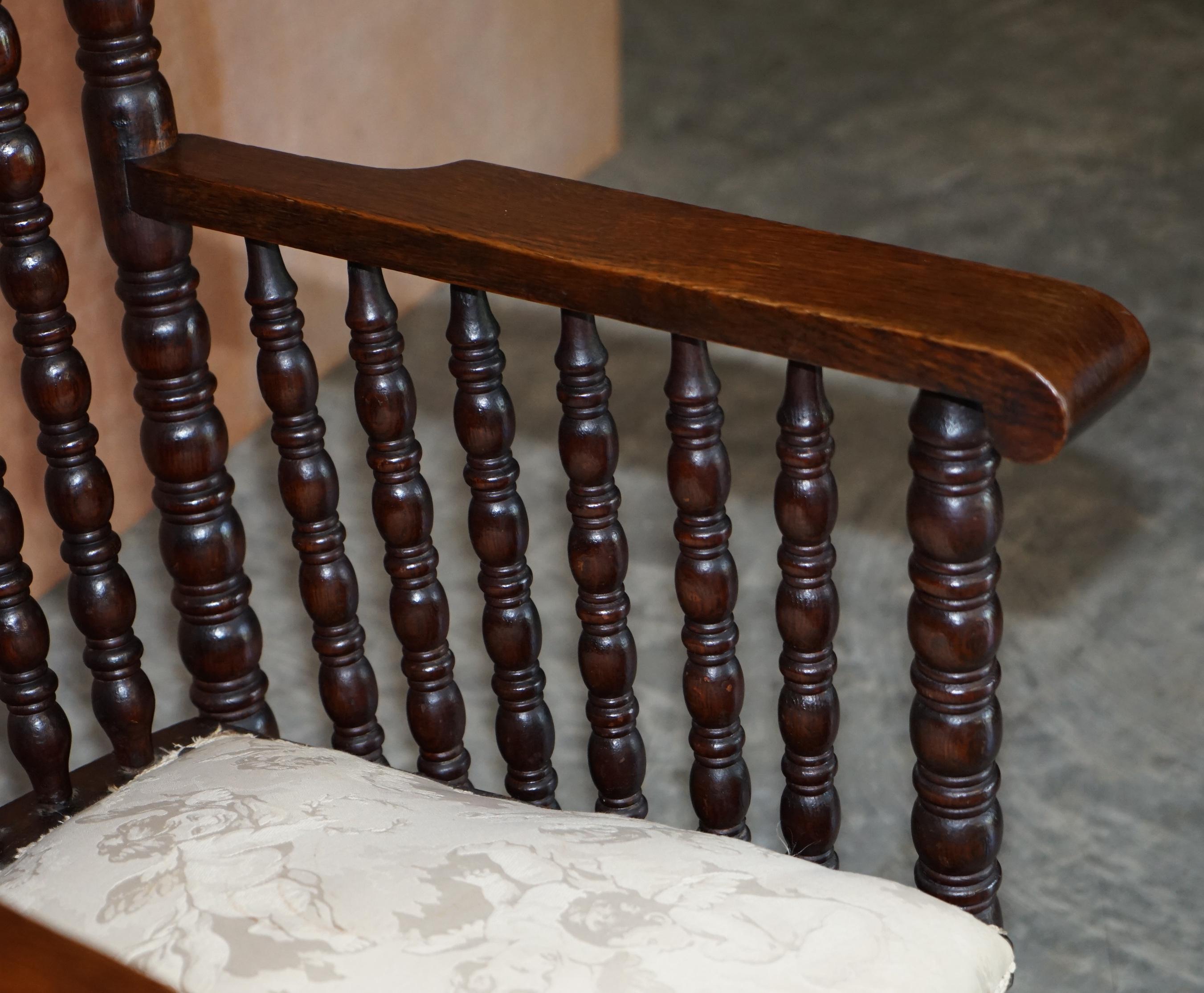 Victorian Oak Rocking Chair with Scottish Bobbin Turnings All over Cherub Fabric For Sale 4