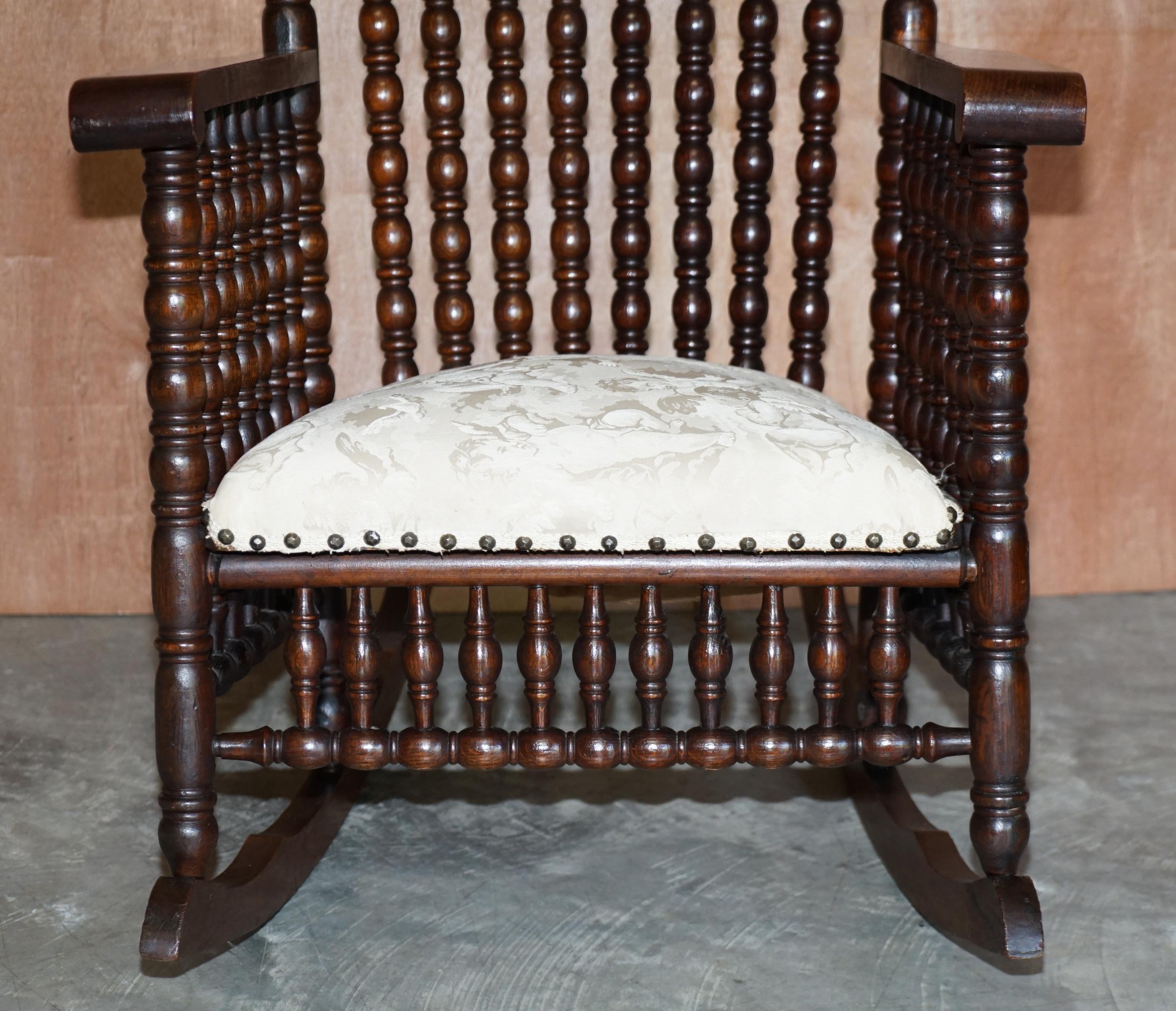 Victorian Oak Rocking Chair with Scottish Bobbin Turnings All over Cherub Fabric For Sale 5