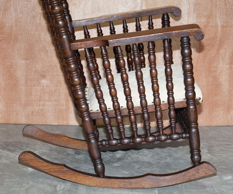 Victorian Oak Rocking Chair with Scottish Bobbin Turnings All over Cherub Fabric For Sale 10