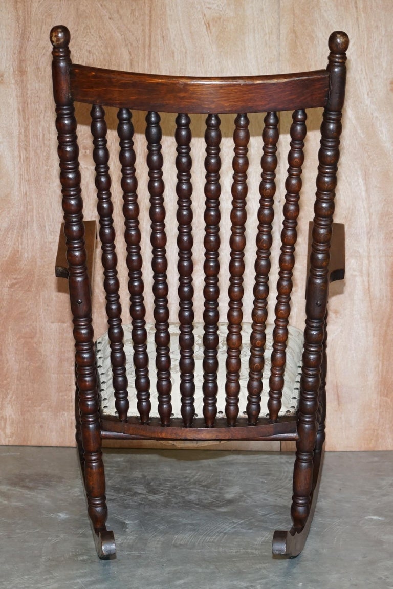 Victorian Oak Rocking Chair with Scottish Bobbin Turnings All over Cherub Fabric For Sale 11