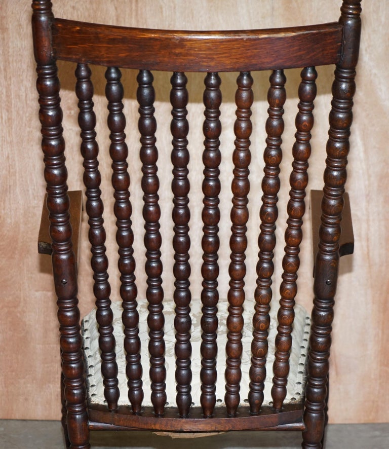 Victorian Oak Rocking Chair with Scottish Bobbin Turnings All over Cherub Fabric For Sale 12