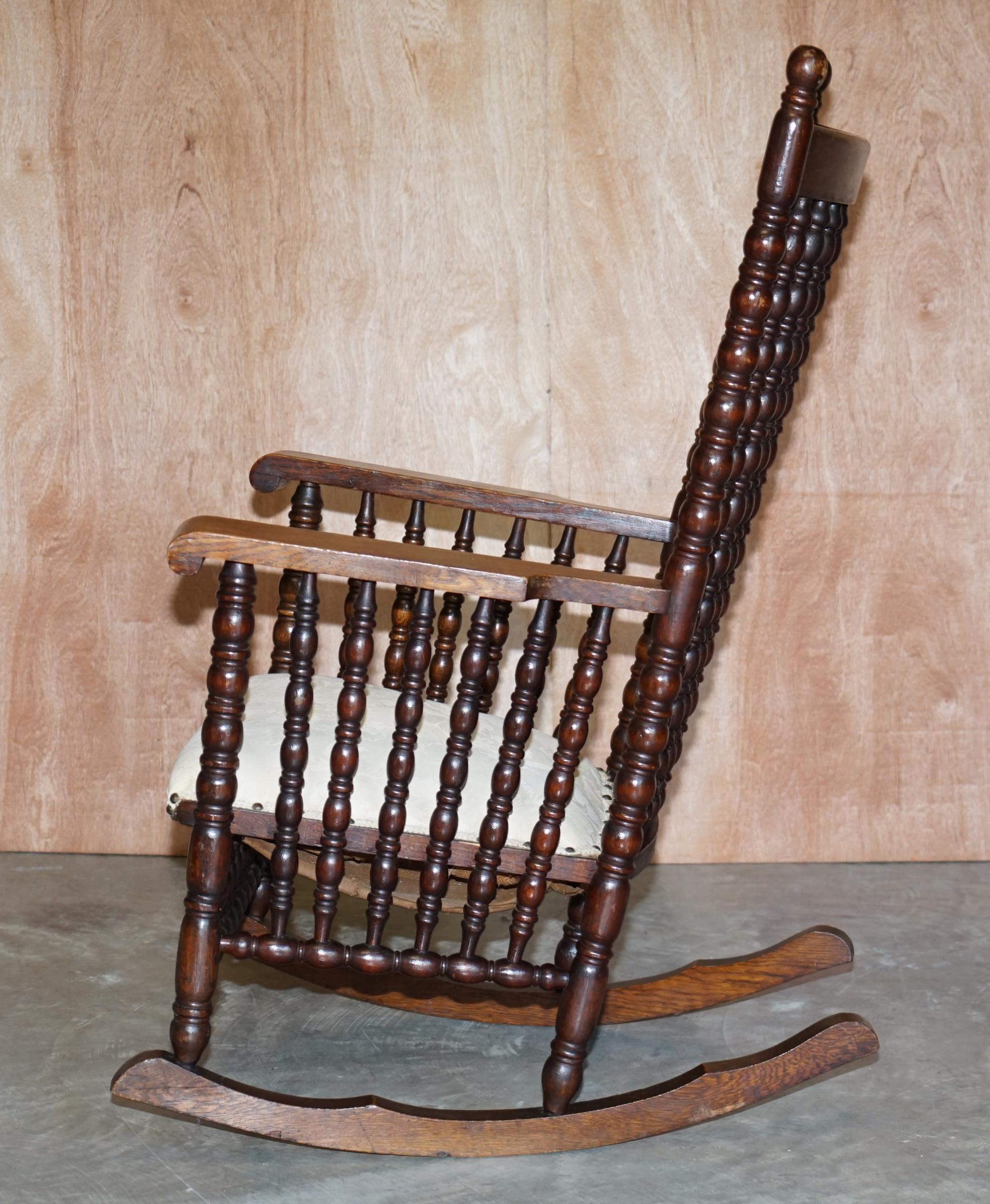 Victorian Oak Rocking Chair with Scottish Bobbin Turnings All over Cherub Fabric For Sale 10