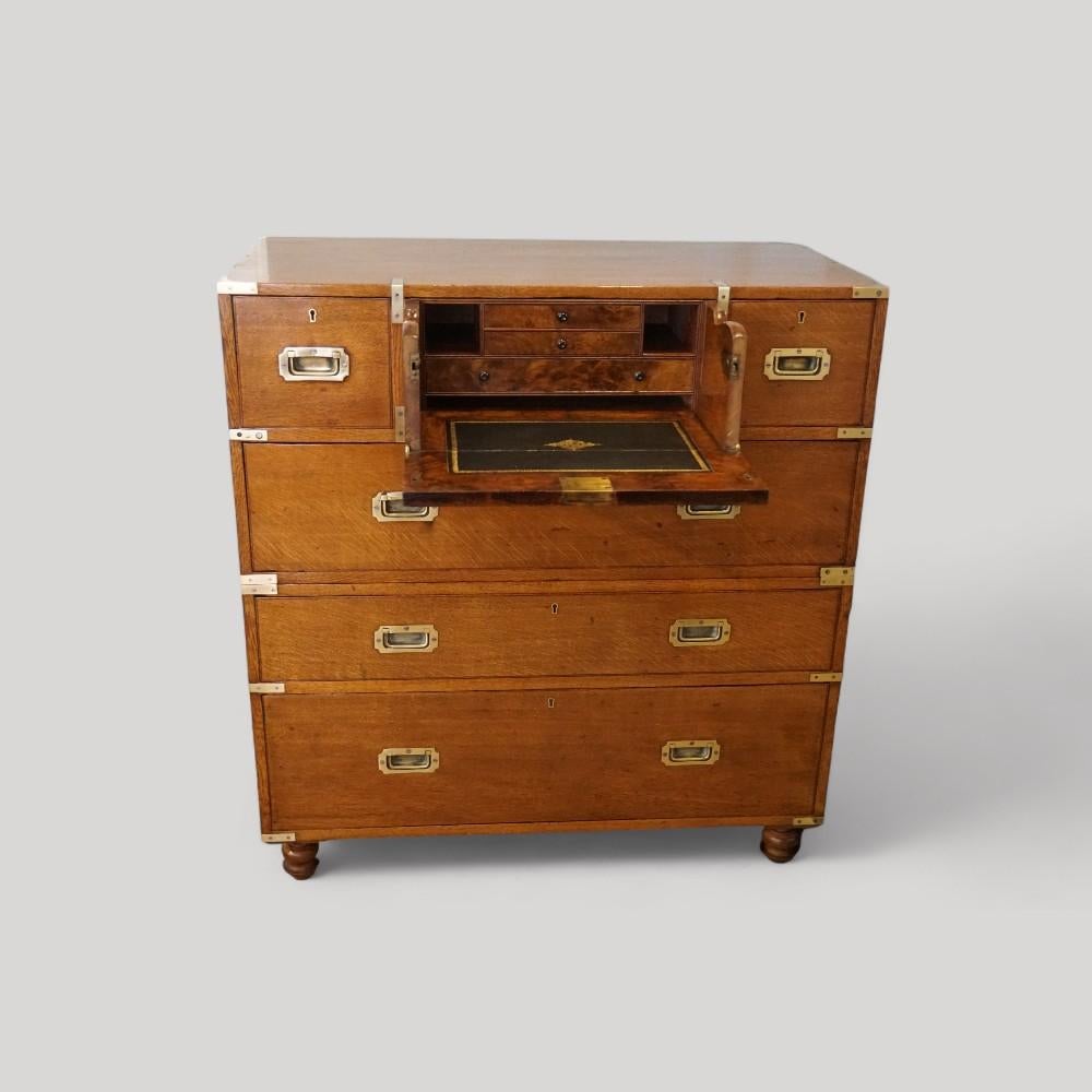 English Victorian oak secretaire campaign chest For Sale