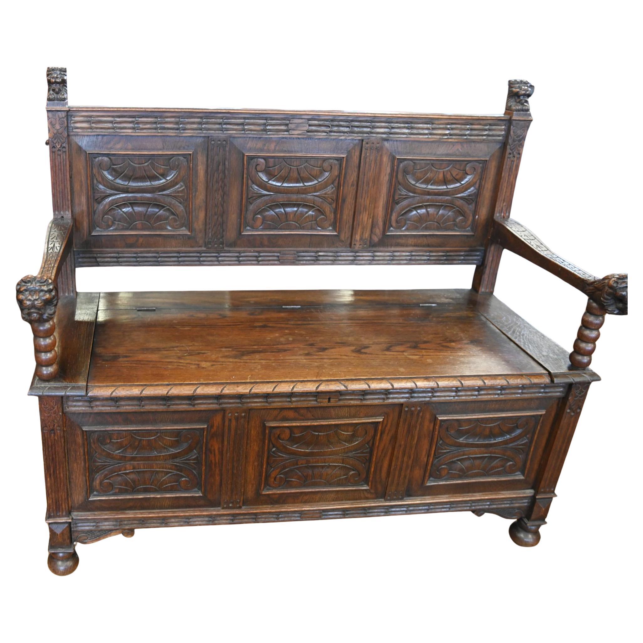 Victorian Oak Settle Bench Hall Carved Seat 1850