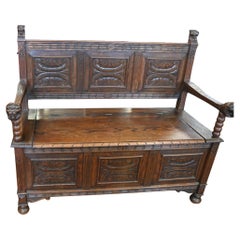 Antique Victorian Oak Settle Bench Hall Carved Seat 1850