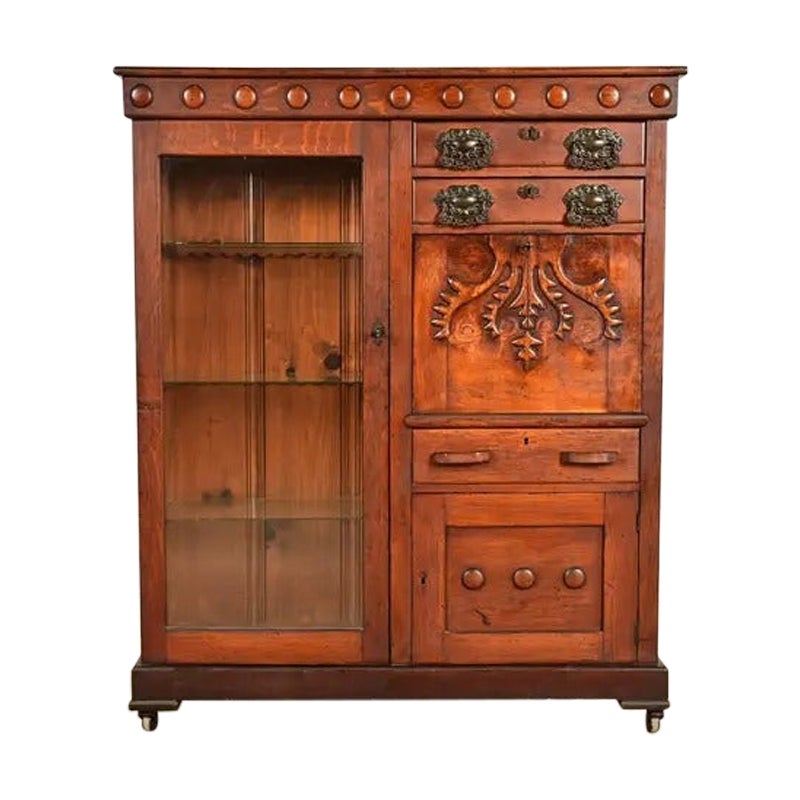 Victorian Oak Smoker's Display Cabinet With Drop Front Desk, Circa 1900 For Sale