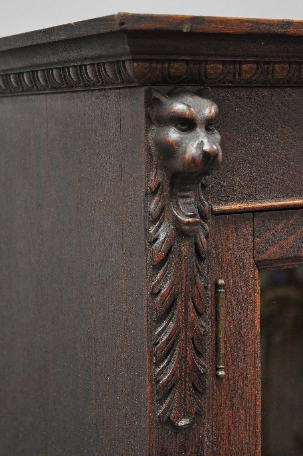 Victorian Oak Wood Glass Two Door Bookcase Claw Feet Lion and Northwind Face 2